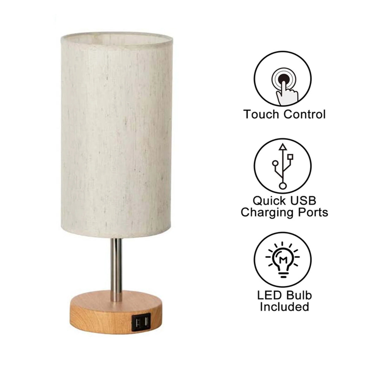 Maple Star Touch Control Table Lamp,Bedside Desk Lamp with 2 USB Port,Woodgrain Touch Control Table Lamp (LED Bulb Included)