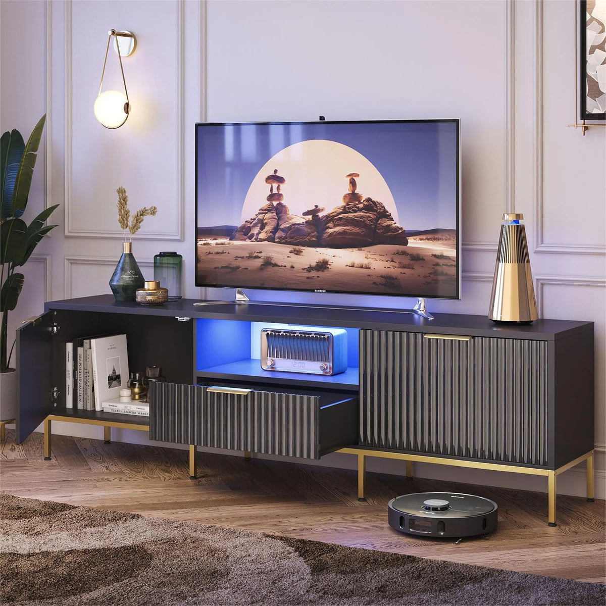 Bestier 55" LED TV Stand for TVs up to 60" Modern High Gloss Entertainment Center with Drawers Cabinets Fluted TV Console, White & Gold