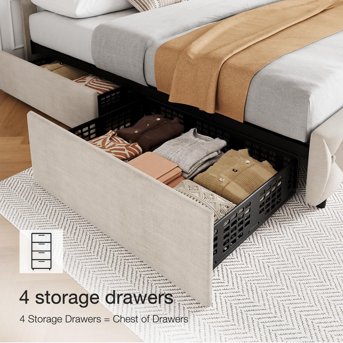 TROPOW Full Size Bed Frame,with 4 Storage Drawers and Adjustable Headboard, Linen Upholstered Platform Bed Frame, Diamond Stitched Button Tufted, No Box Spring Needed,White