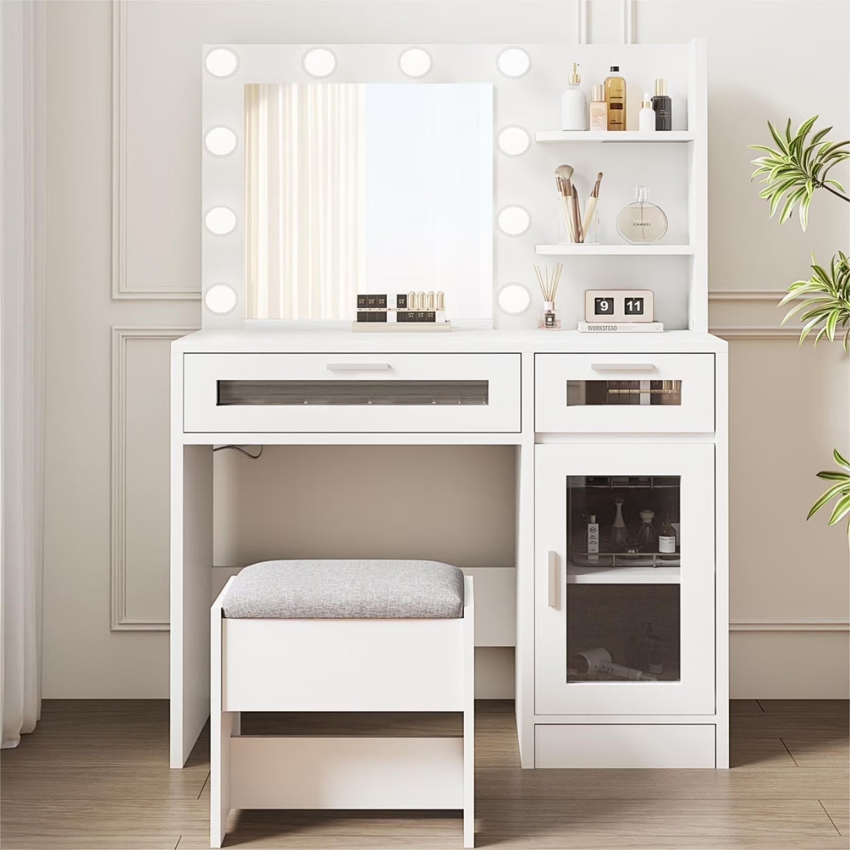 LIVELYGLOW Vanity Desk with Mirror and Lights, Makeup Vanity with Drawer & Storage Shelves, Cabinet, 3 Lighting Modes Adjustable Brightness,White