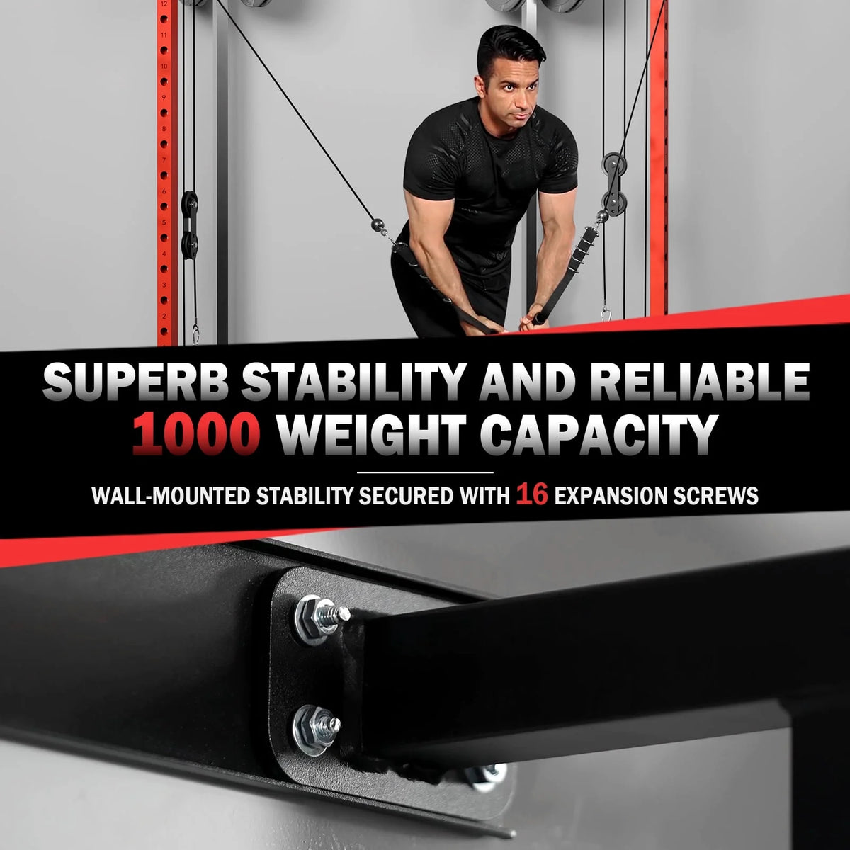 Mikolo Foldable Power Rack Cage,1000lbs Capacity Wall Mounted Squat Rack with independent pulley system, Space Saving Home Gym Equipment with 5 Adjustable Angle