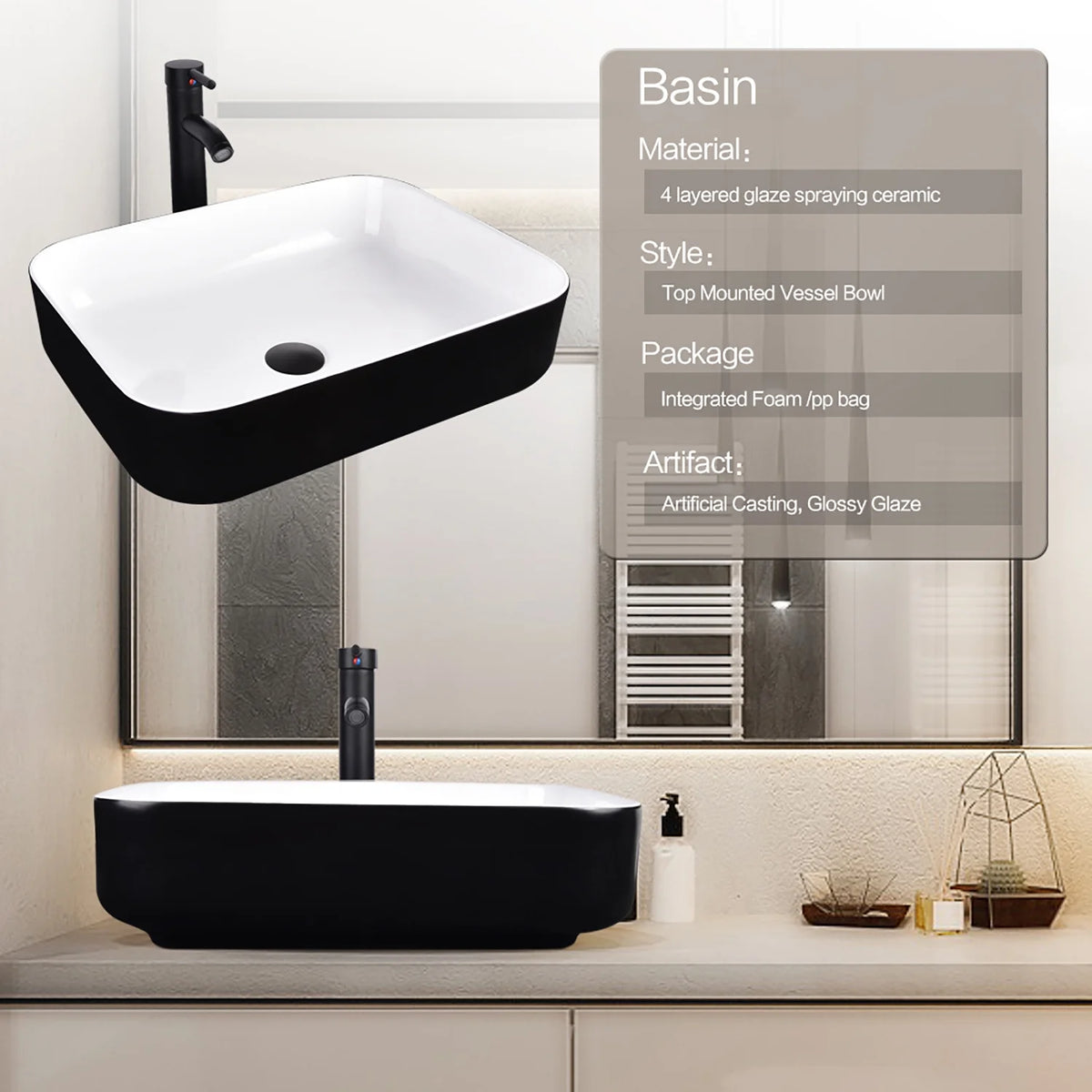 FULLWATT Bathroom Ceramic Sink Vanity Vessel Basin Porcelain Faucet Drain Combo Rectangle,White