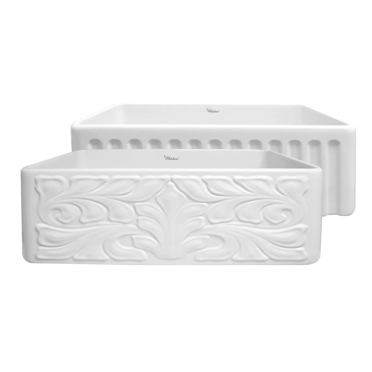 Farmhaus Fireclay Reversible Sink with a Gothichaus Swirl Design Front Apron on One Side, and a Fluted Front Apron on the Opposite Side.