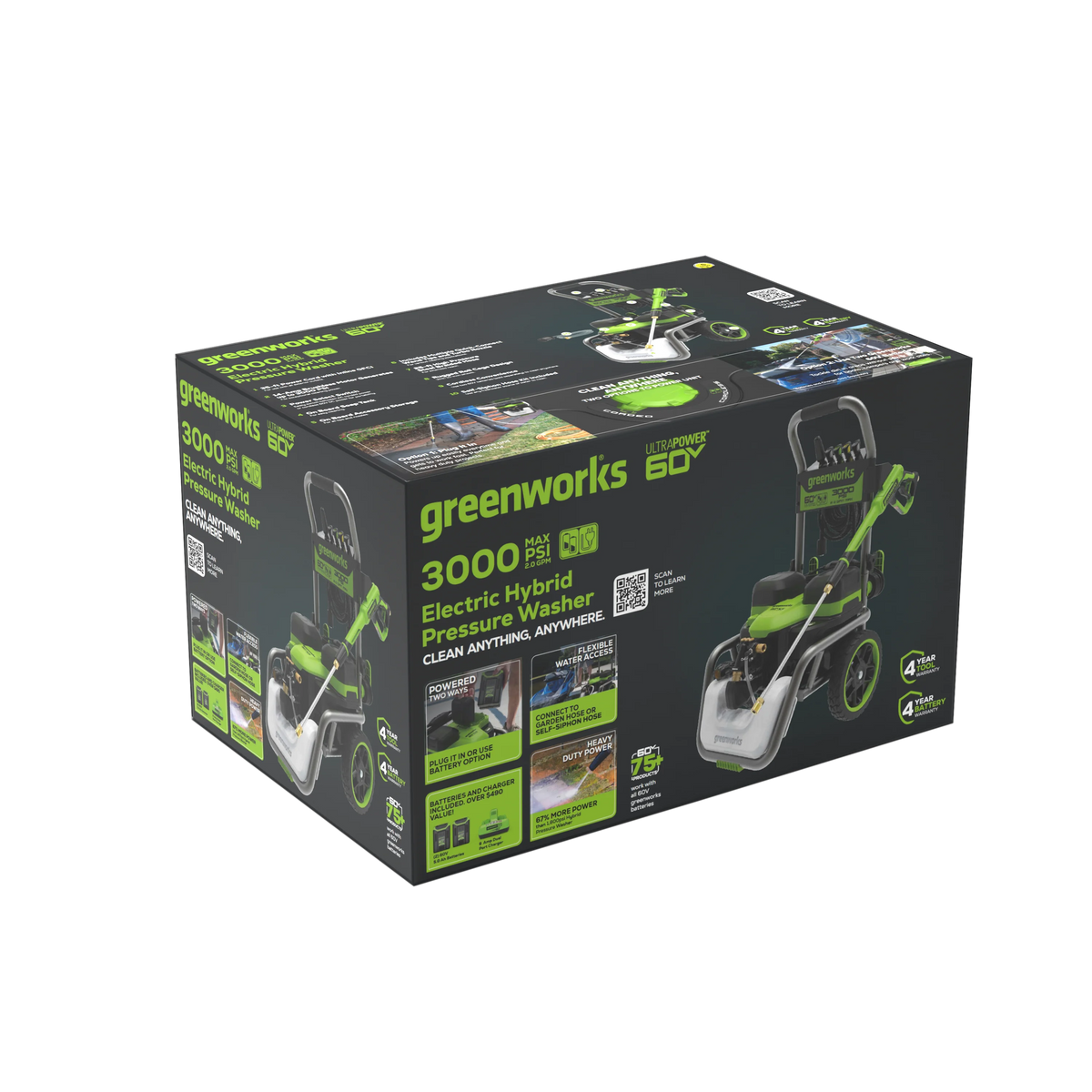 Greenworks Hybrid 60V 3000 MAX PSI at 2.0 GPM MAX Electric Pressure Washer + (2) 5.0Ah Batteries & Dual-Port Charger 5128202