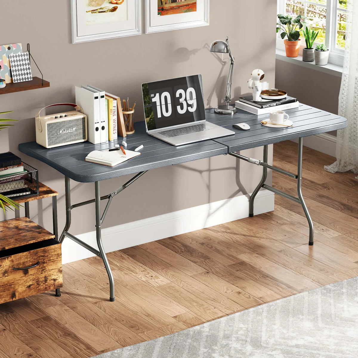 Costway 6 ft Portable Folding Table with Wood Grain HDPE Tabletop Safe Lock Mechanism Gray