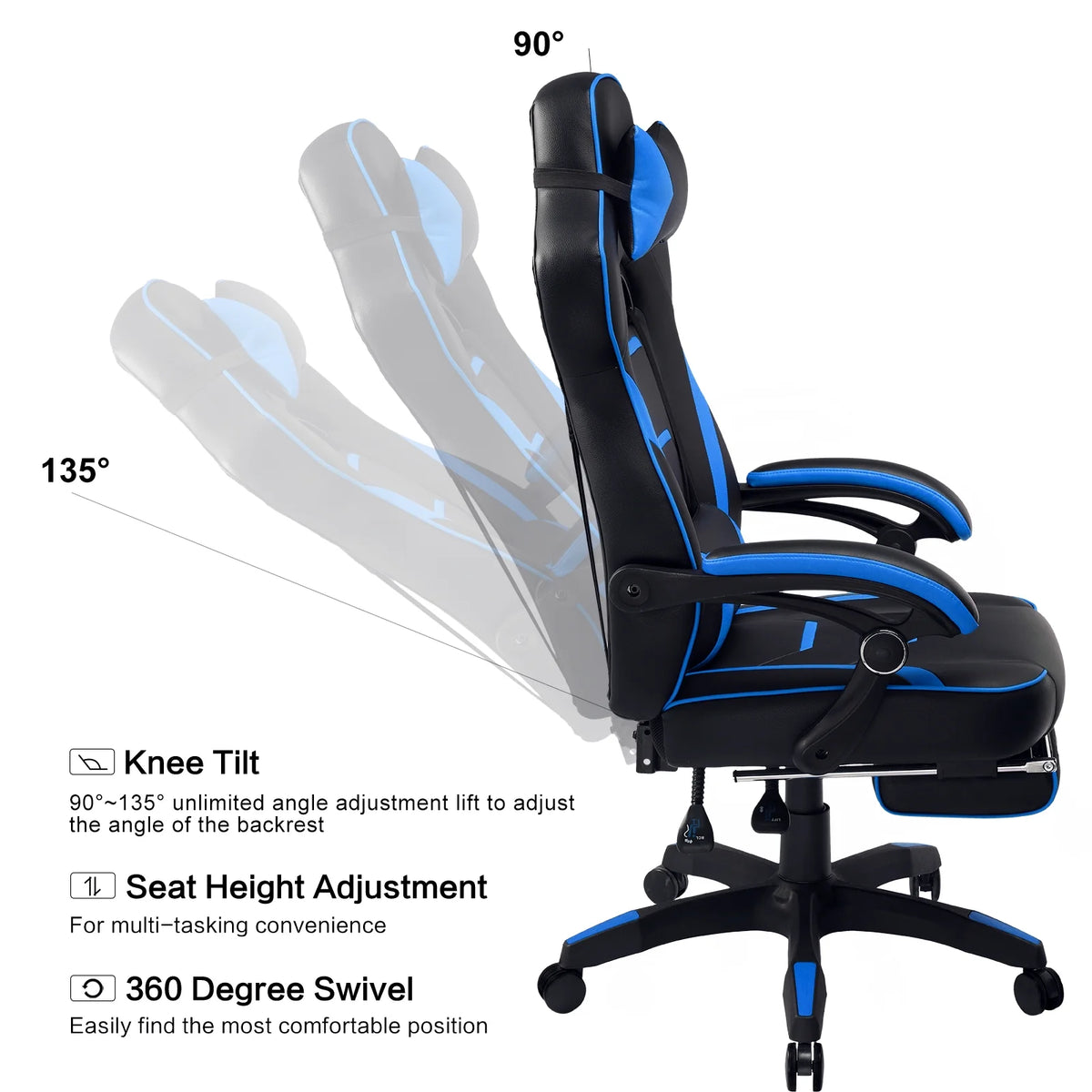 GTPLAYER Gaming Chair with Footrest, Big and Tall Game Chair 350lb Racing Style Computer Chair, Ergonomic Executive Office Chair High Back with Lumbar Support and Recliner, Black