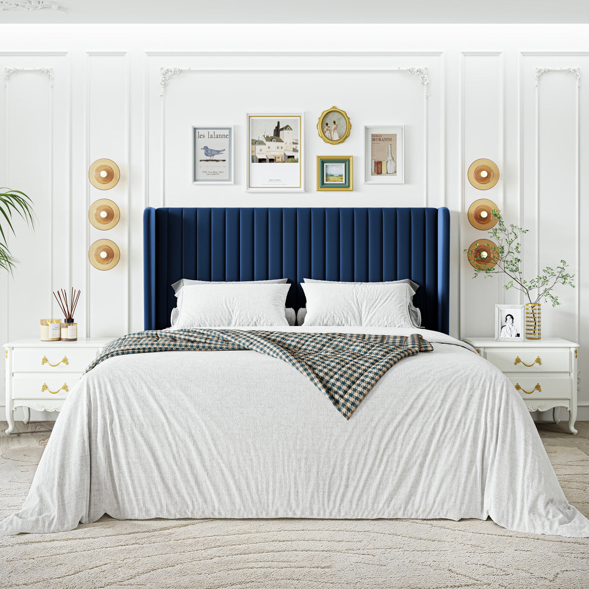 Sha Cerlin Queen Size Upholstered Platform Bed Frame with Velvet Channel Wingback Headboard, Off White