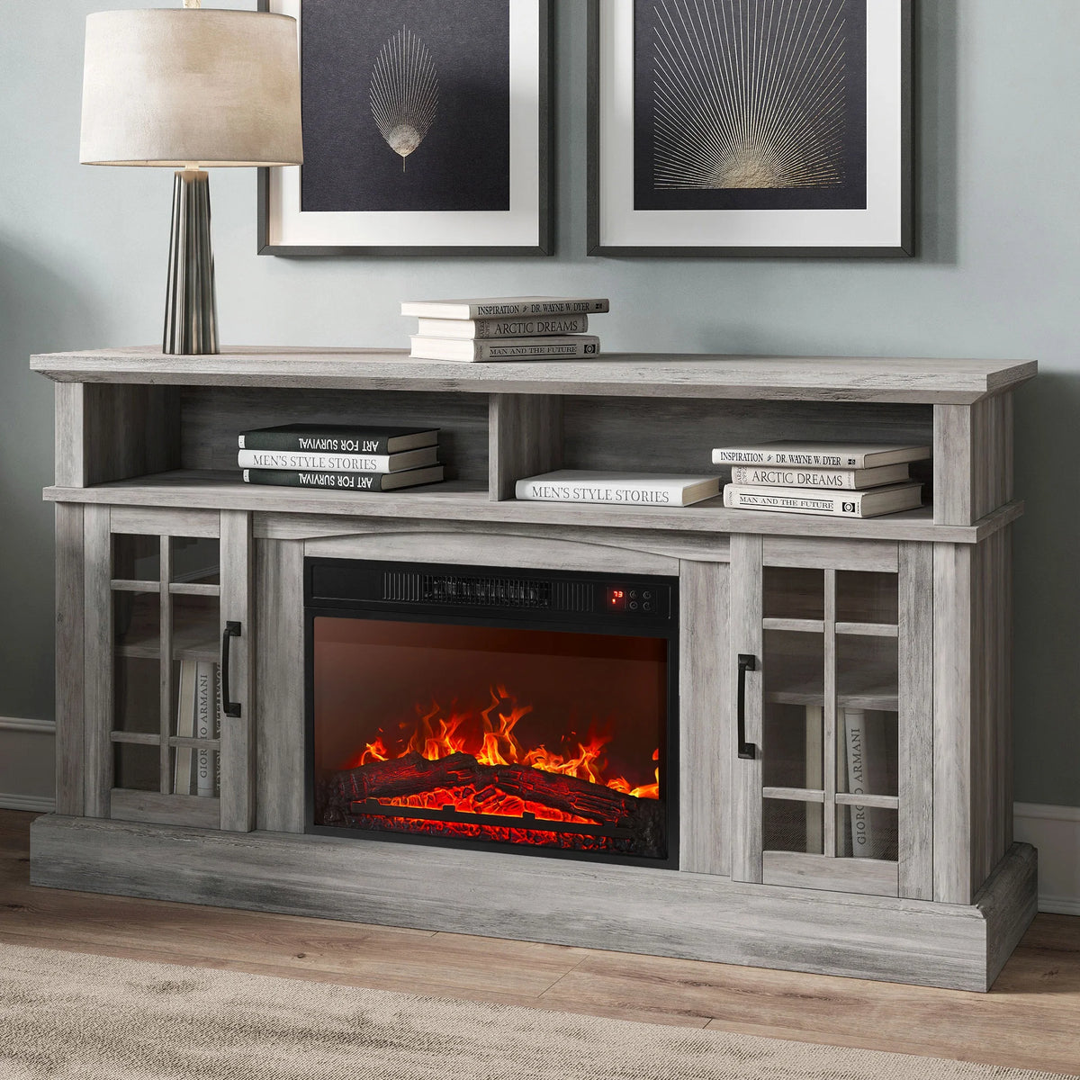 BELLEZE 58" TV Stand with 23" Electric Fireplace, Fireplace TV Console for TVs up to 65", Home Entertainment Center with Storage Cabinet and Adjustable Shelves - Astorga (Gray Wash)