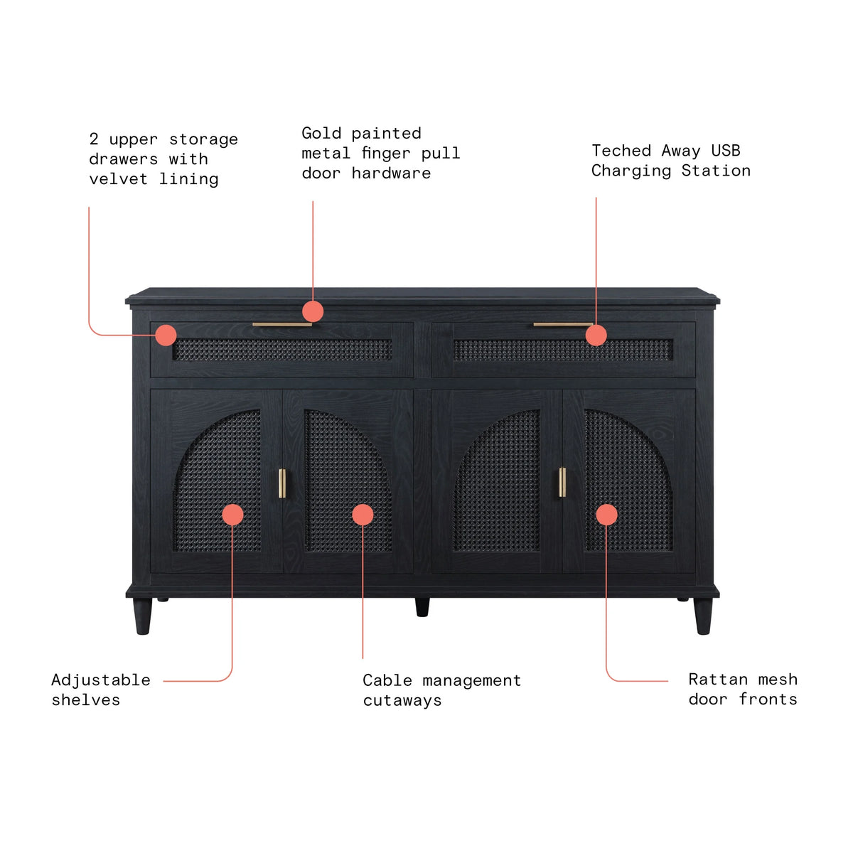 Beautiful Drew Rattan Media Console with Teched Away Drawer by Drew Barrymore, Warm Honey Finish
