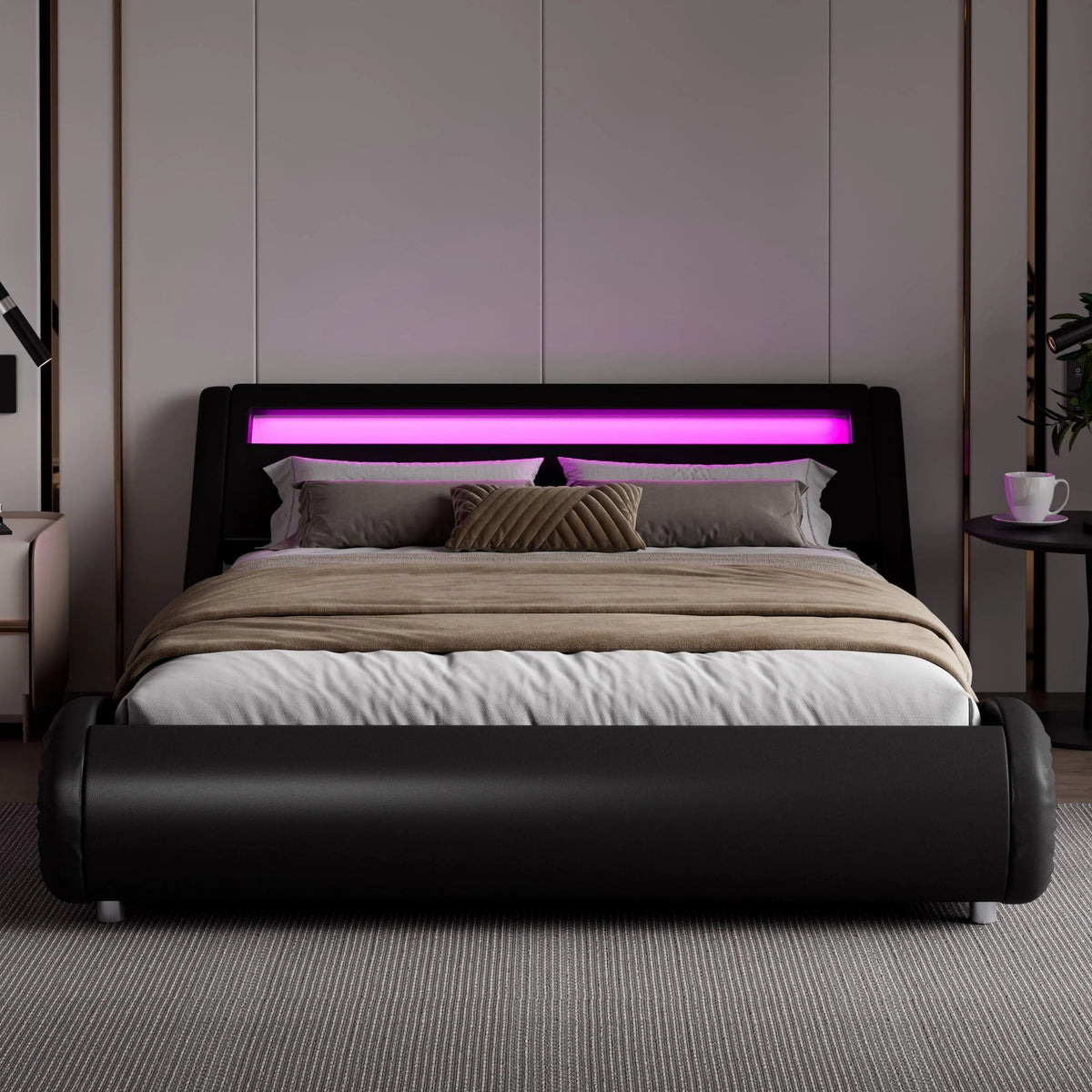 Amolife Queen Size Wave-Like Curve Deluxe Upholstered Modern Bed Frame with LED Headboard,Black