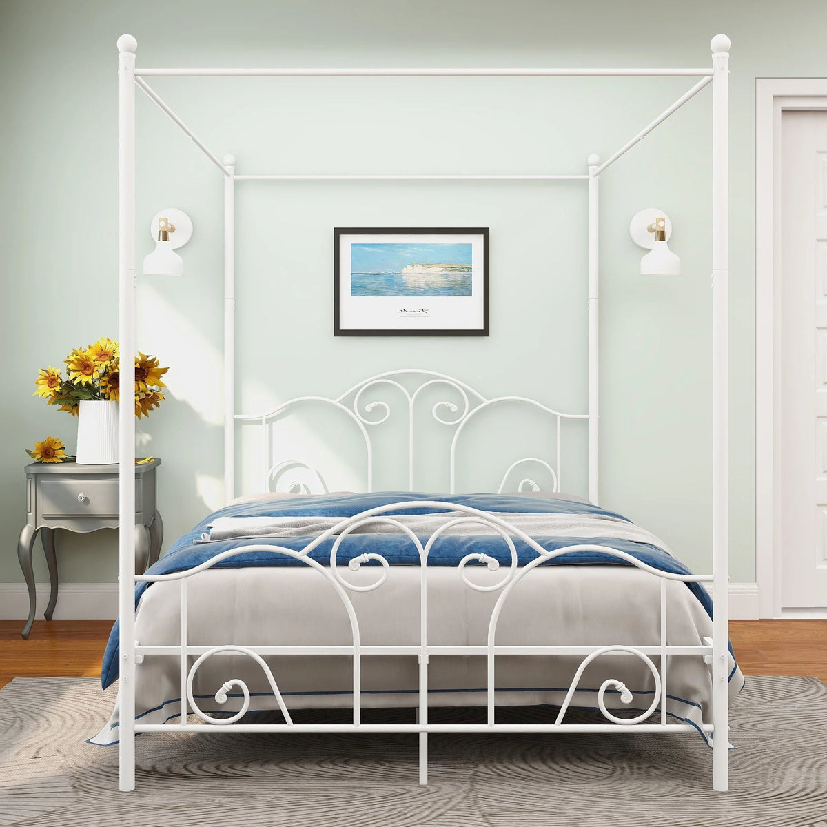 alazyhome Queen Size Canopy Metal Bed Frame, Metal Slat Support, White
