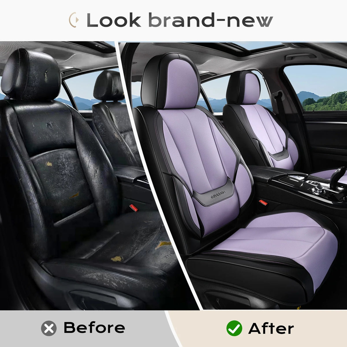 Coverado Black Front Car Seat Covers, Stylish Waterproof Premium Leather Automotive Seat Protectors, Airbag Compatible Auto Interior Accessories Universal Fit for Most Cars SUV Pick-up Trucks