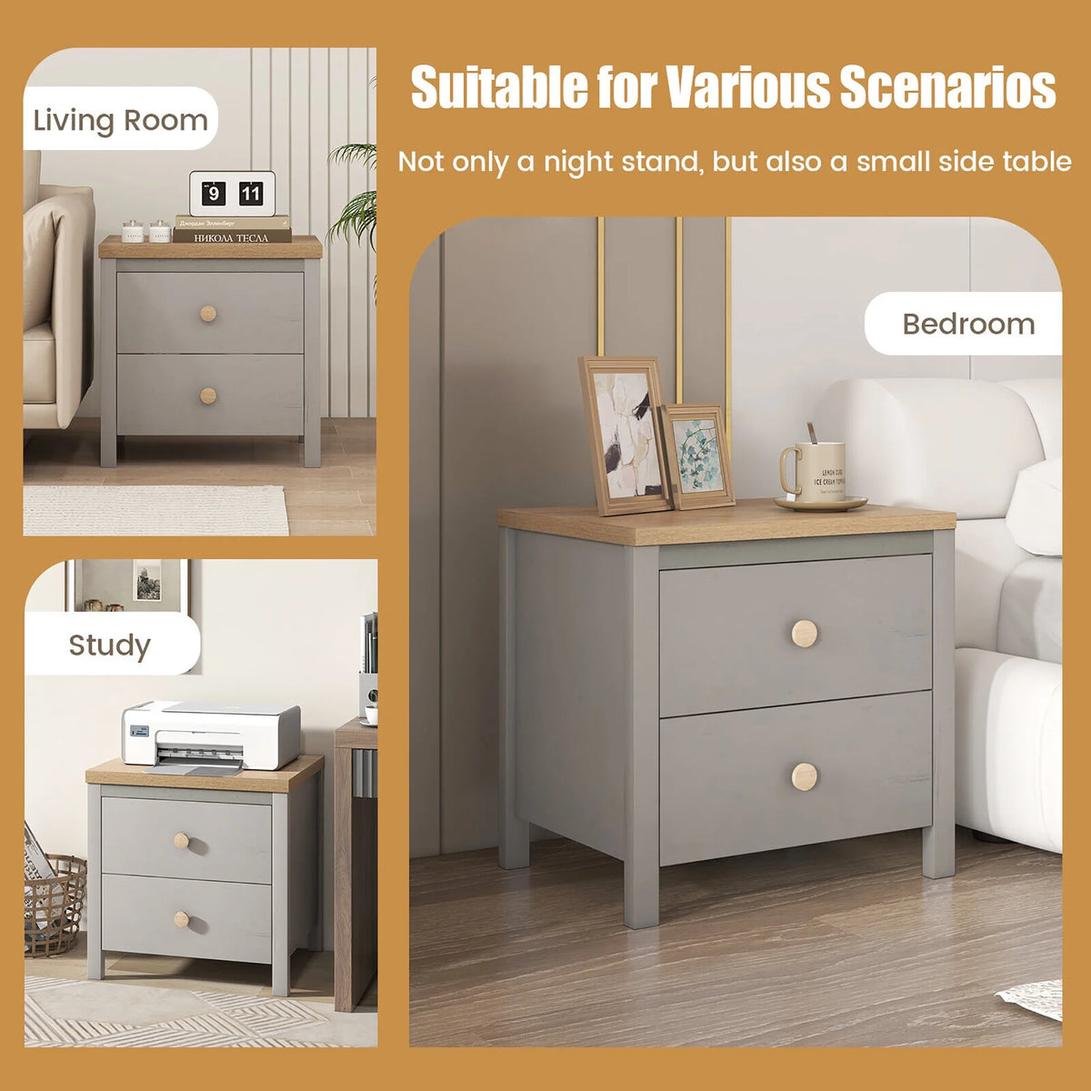 Gymax 2 PCS Nightstand Farmhouse Side End Table w/ Solid Wood Legs & 2 Drawers White