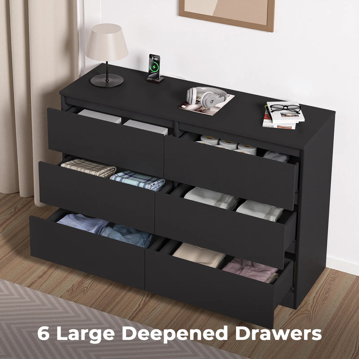 Hommpa White 6 Drawers Dresser for Bedroom, Chest of Drawers TV Stand Dresser for Closet, Wooden Modern Storage Cabinet for Women Living Room Furniture