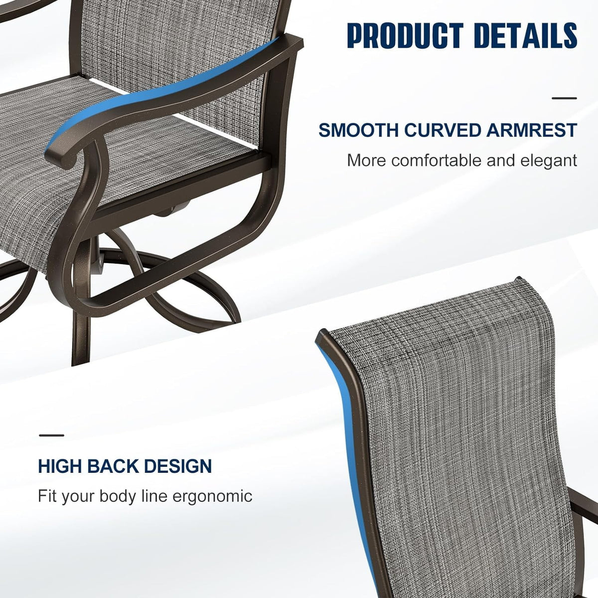 Techmilly Patio Swivel Chairs Set of 2, Outdoor Dining Chairs High Back Padded All Weather Breathable Textilene Outdoor Swivel Chairs with Metal Rocking Frame for Lawn Garden Backyard Deck, Dark Grey