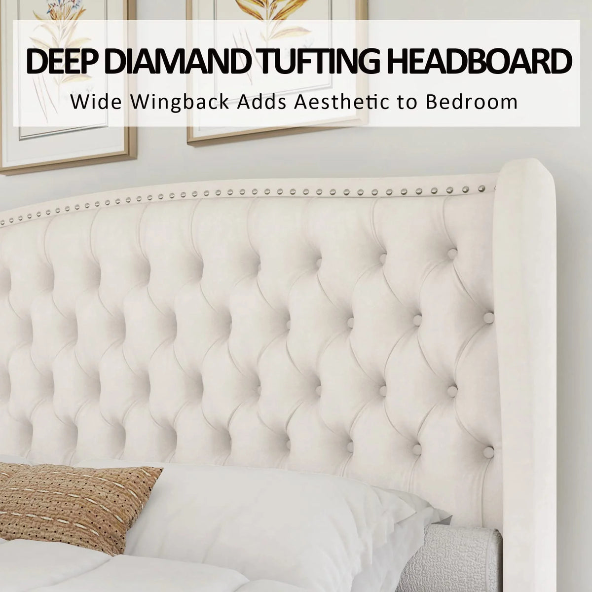 VANACC Queen Size Bed Frame, Velvet Upholstered Bed with Deep Button Tufted Wingback Headboard��Grey