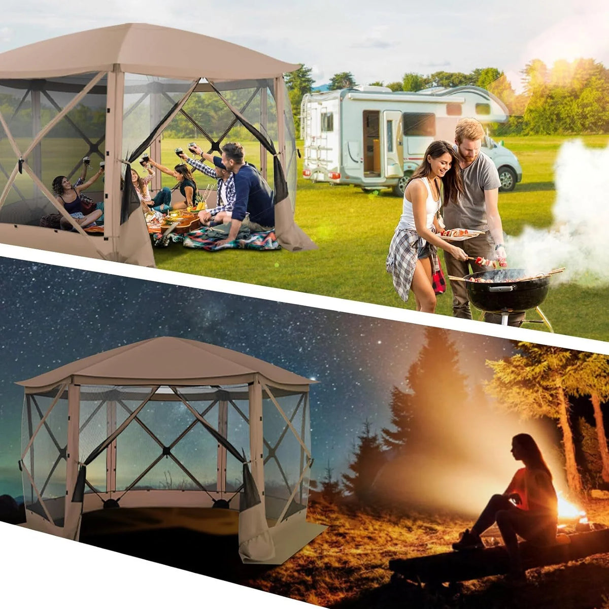 COBIZI 12x12ft Pop-up Gazebo Screen Tent Screen House with sidewalls and Mosquito Netting for Camping, Waterproof, UV Resistant, EZ Set-up Party Canopy with Carrying Bag and Ground Stakes, Brown