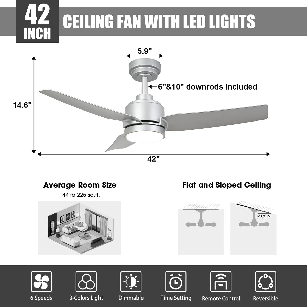 42" Modern Gold Dimmable Ceiling Fan DC Motor Indoor 3-blade LED Ceiling Fan with Remote