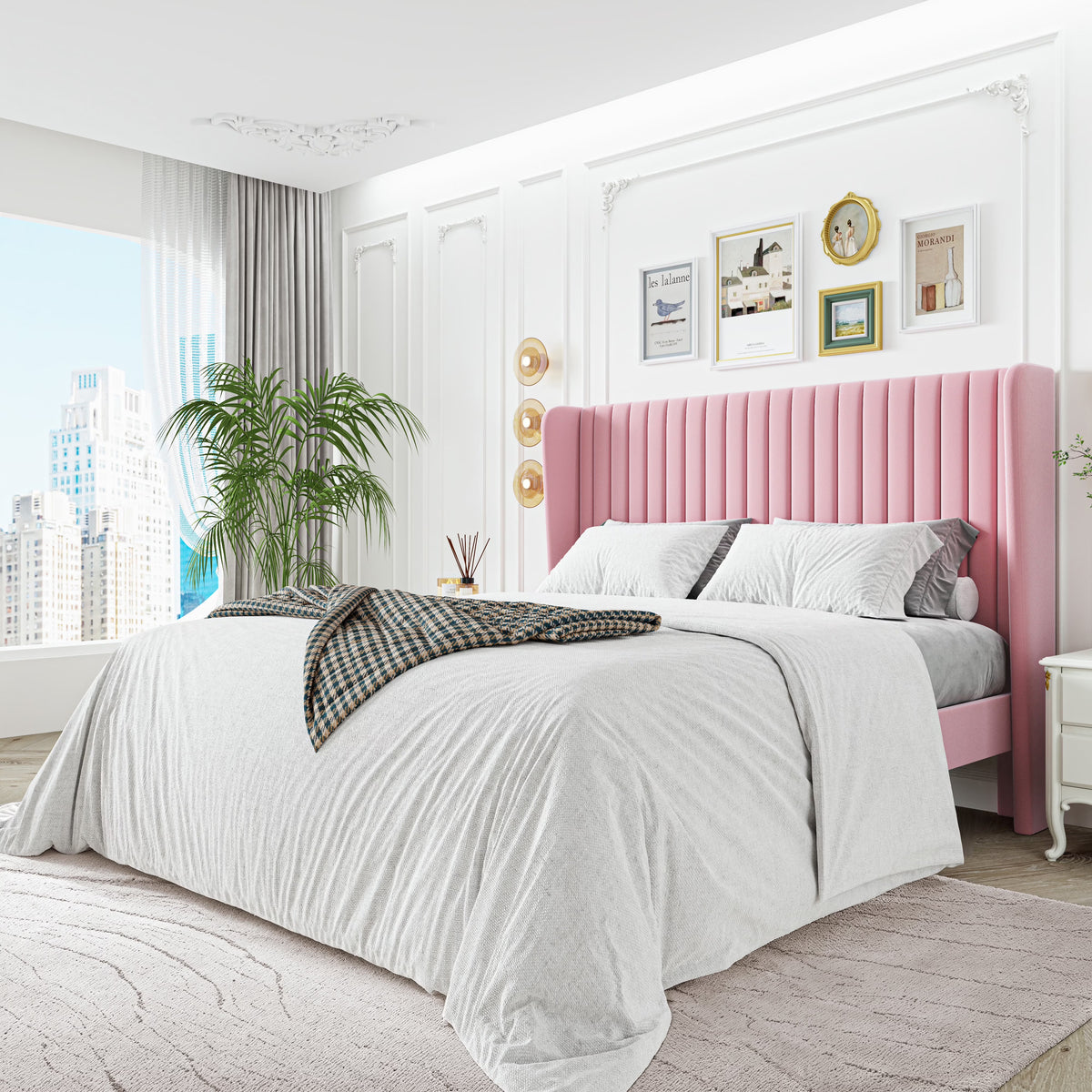 Sha Cerlin Queen Size Upholstered Platform Bed Frame with Velvet Channel Wingback Headboard, Off White