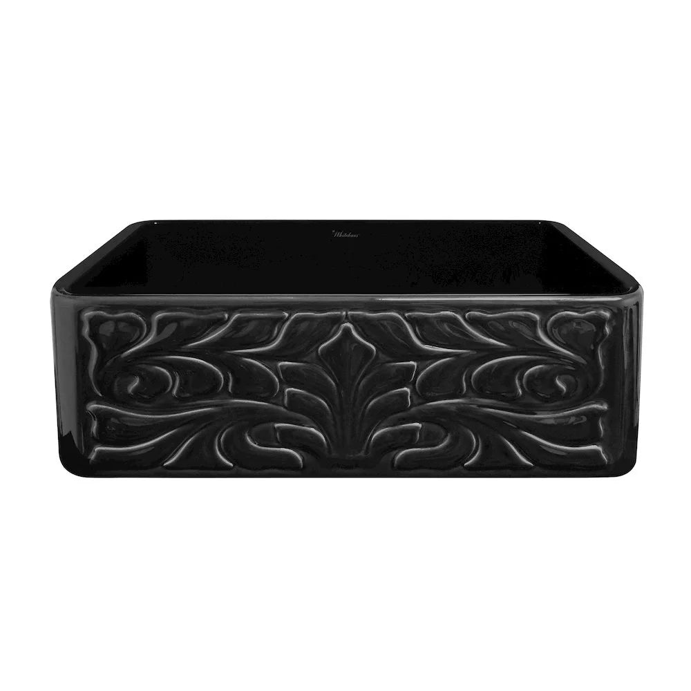 Farmhaus Fireclay Reversible Sink with a Gothichaus Swirl Design Front Apron on One Side, and a Fluted Front Apron on the Opposite Side.