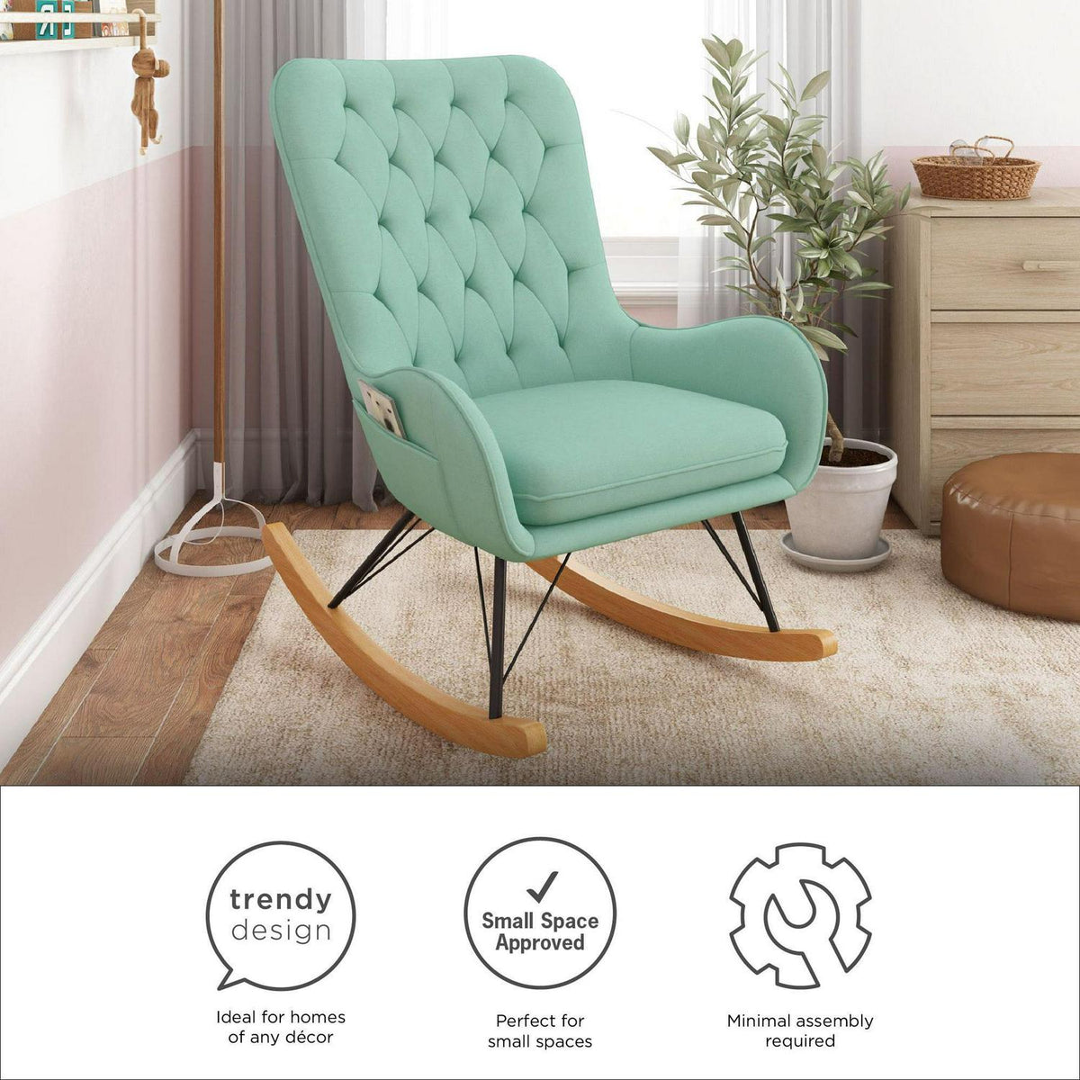 Baby Relax Noah Rocker Chair with Side Storage Pockets. Teal
