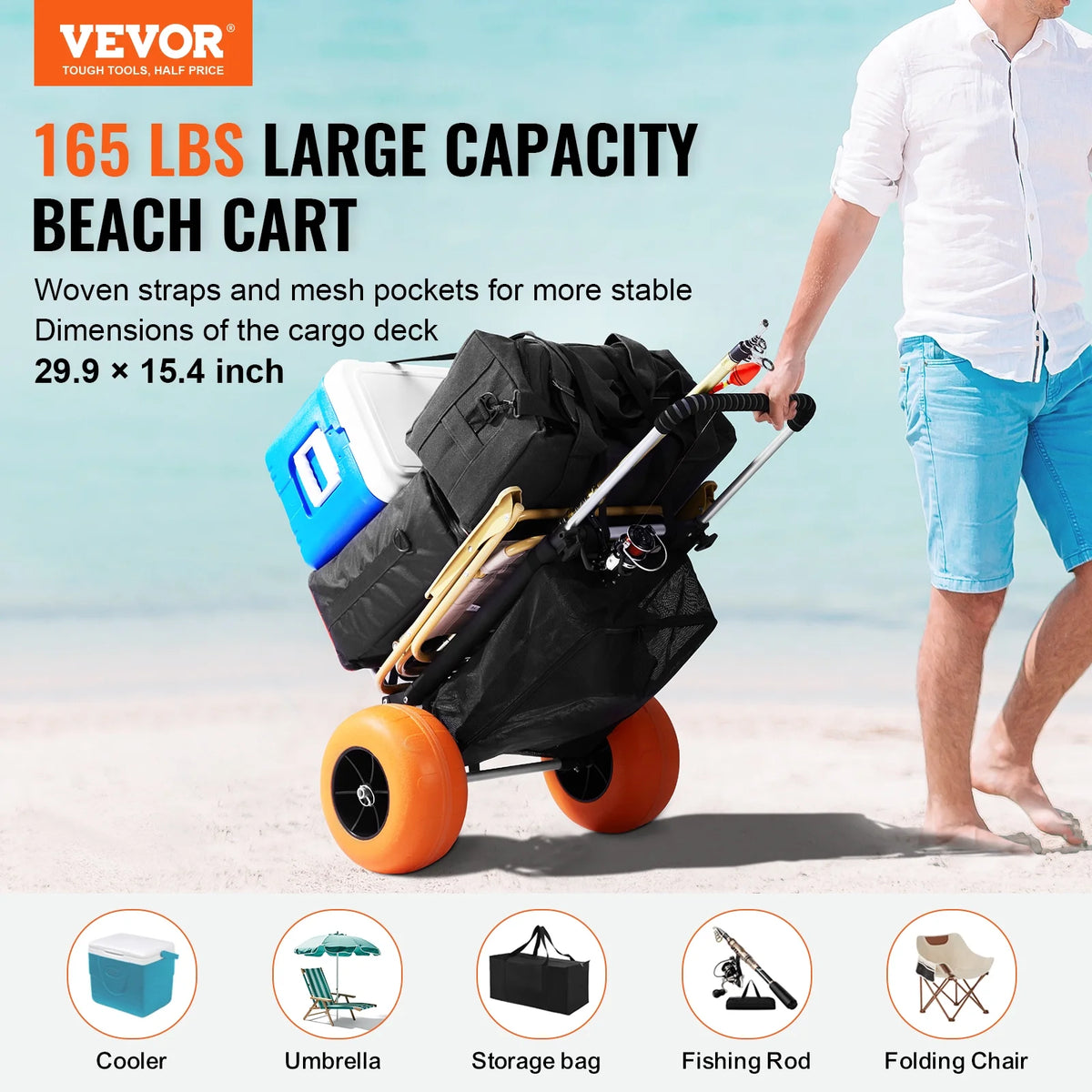 VEVOR Beach Dolly with Big Wheels for Sand, 29.9" x 15.4" Cargo Deck, w/ 12" Solid Wheels, 165LBS Loading Capacity Folding Sand Cart & 27" to 44.7" Adjustable Height, Heavy Duty Cart for Beach