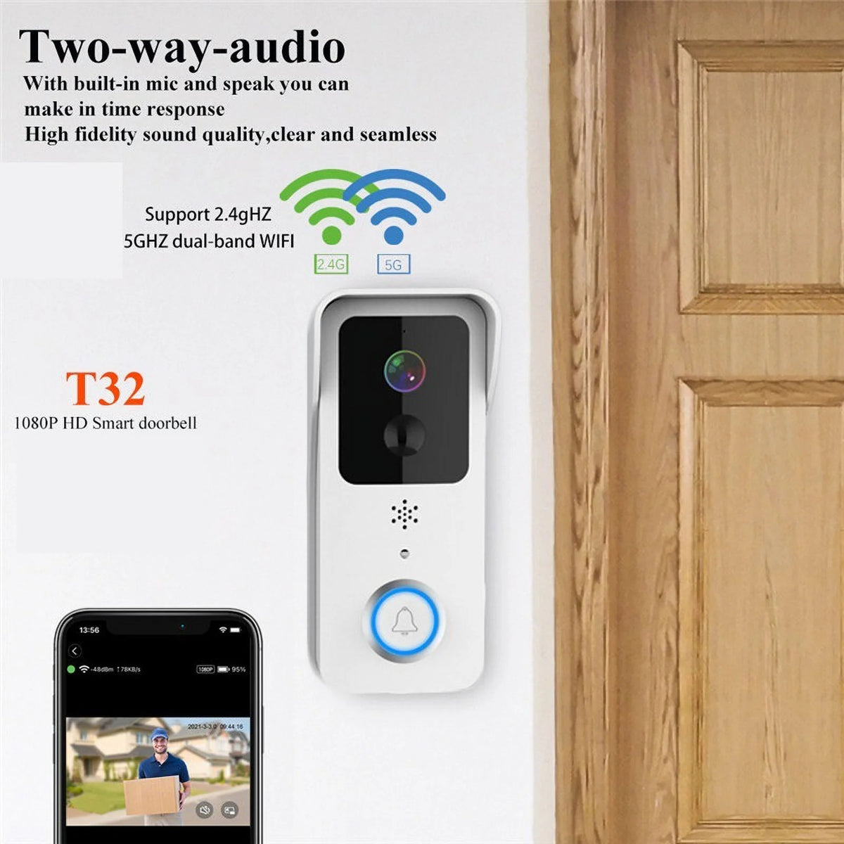 1080P Video Doorbell 5G Dual Outdoor Door Bell Waterproof IP54 Battery Intercom Smart Home Wireless Door Phone Camera ,Smart Detection