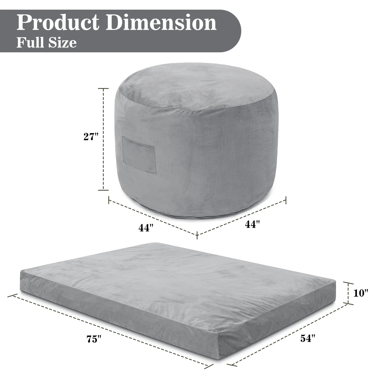 Lusimo Giant Bean Bag Chairs Bean Bag Bed with Pocket, Convertible Bean Bag Sofa Bed with Velvet Washable Cover for Adults, Couples, Family, Living Room, Gray, Full