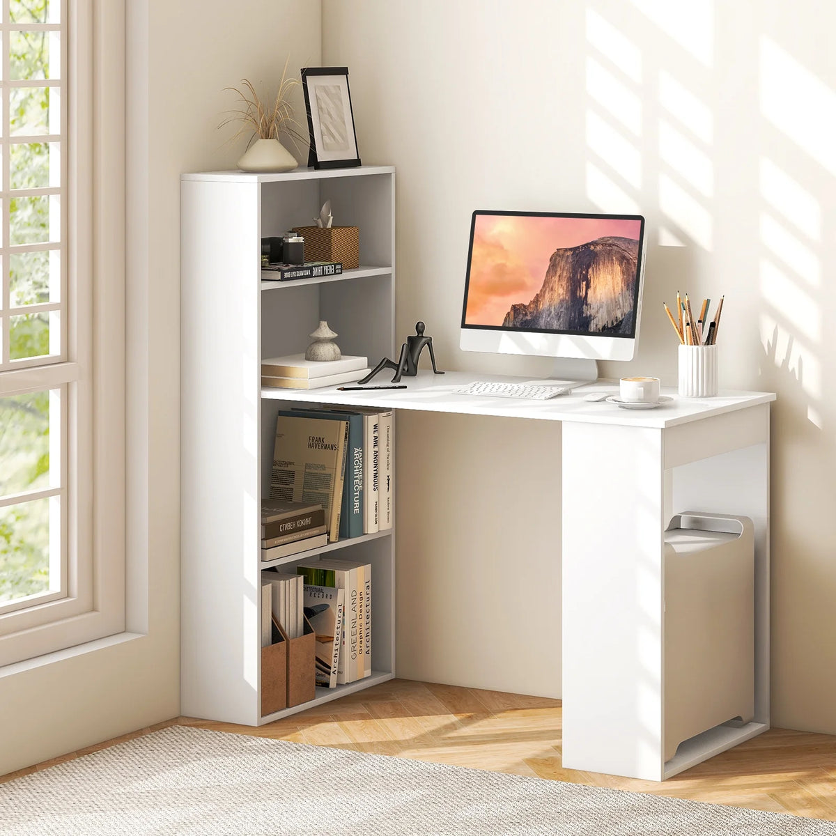 Costway Computer Desk Writing  Workstation Office 6-Tier Storage Shelves Natural
