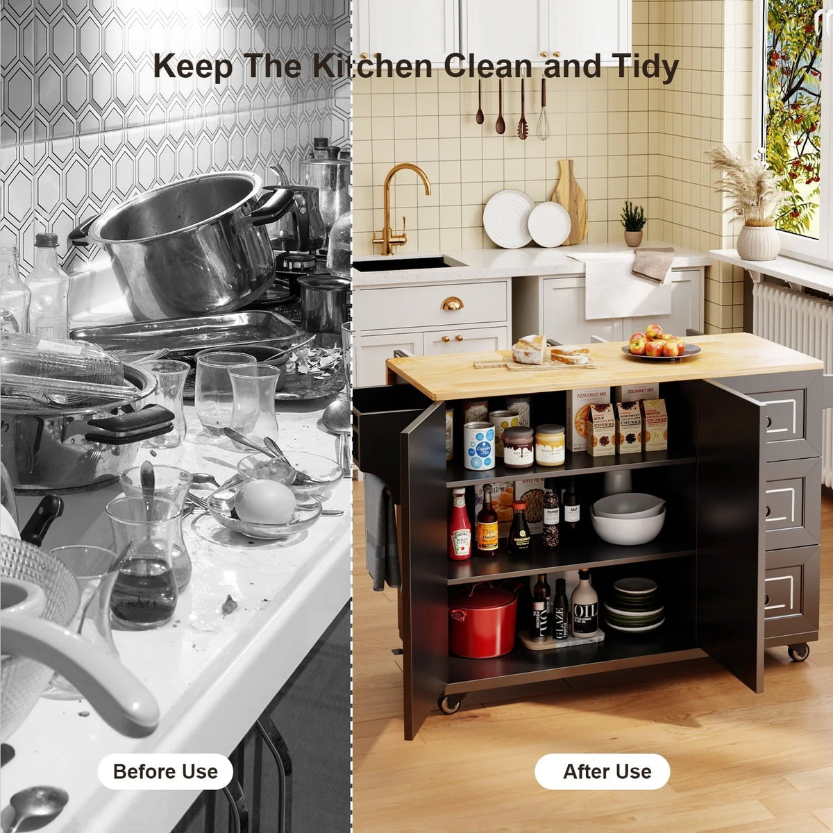 Lofka Kitchen Island with Storage,  Kitchen Island on Wheel with Wood Drop Leaf Tabletop,Black