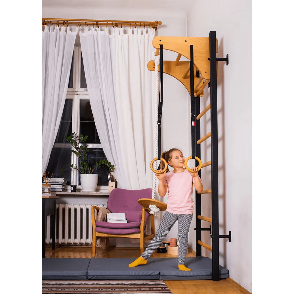BenchK 211 Black + A076 Wall bars with adjustable beech wood pull-up bar and gymnastic accessories