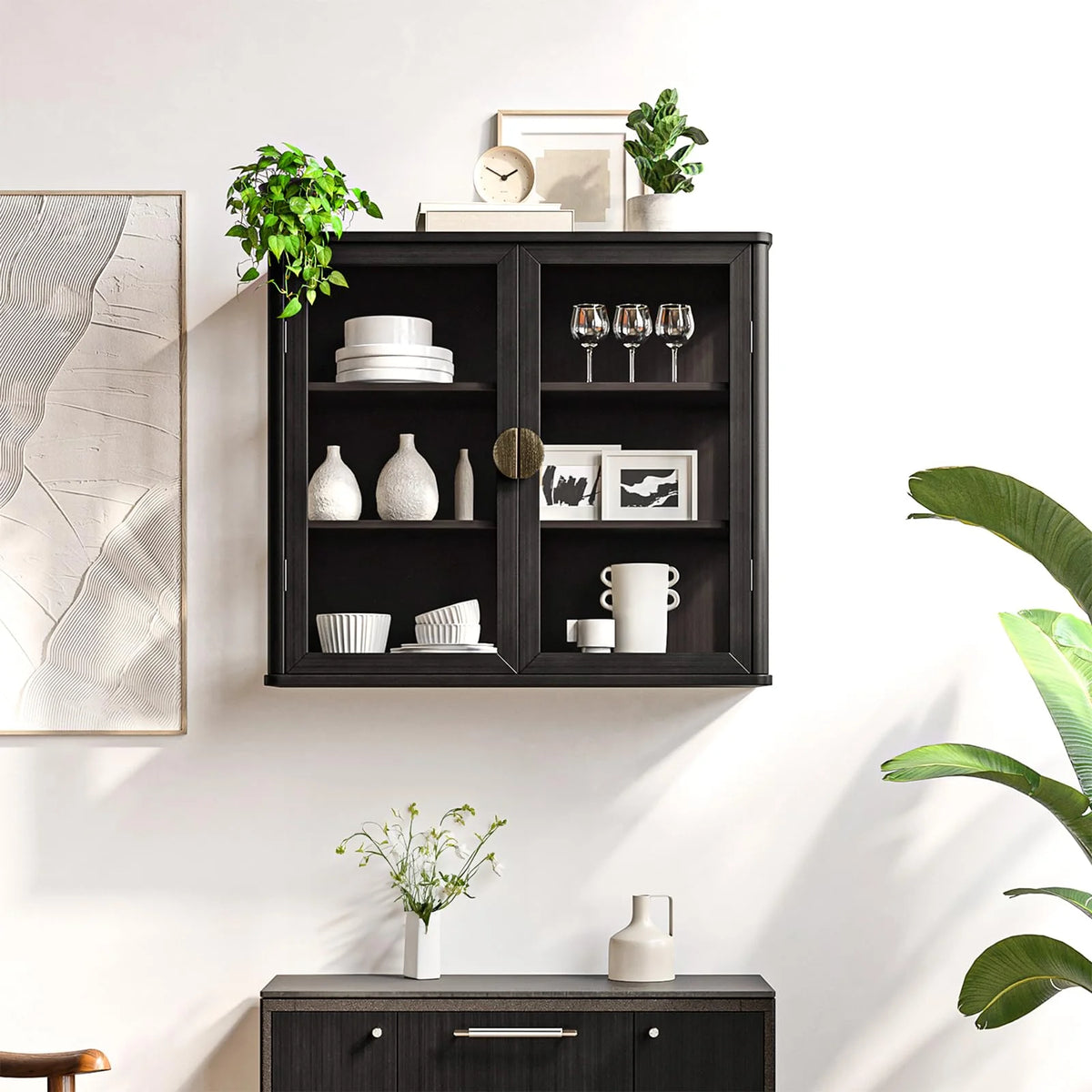 POLIHOME Display Wall Cabinet with Tempered Glass Doors��Storage Cabinet with Adjustable Shelves