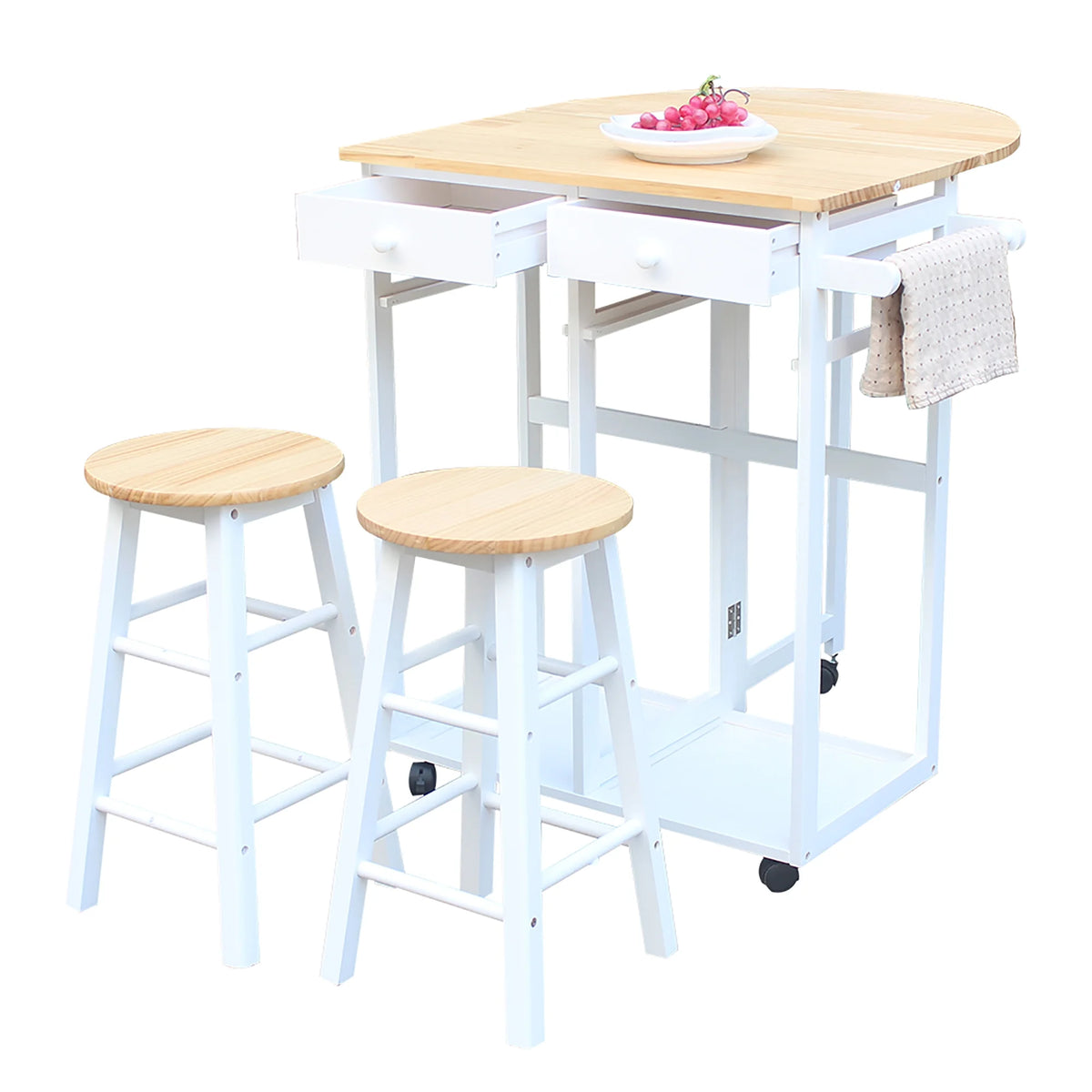 Moveable Kitchen Storage Cart With Wheels, Wire Rolling Cart Multifunction Utility Cart Kitchen Storage Cart on Wheels, Foldable With Metal Handle Semicircle Dining Cart With Round Stools White