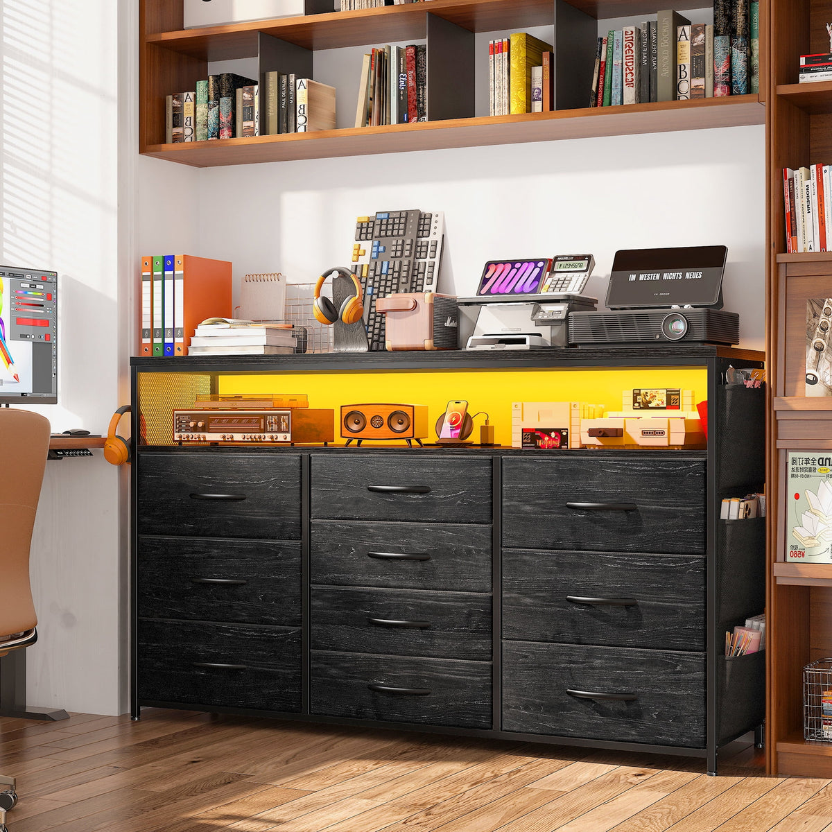 EnHomee Dressers for bedroom TV Stand with Power Outlets &LED Lights Wide Dresser with 10 Drawers&Side Pockets & Hook Fabric Chest of Drawers,Black