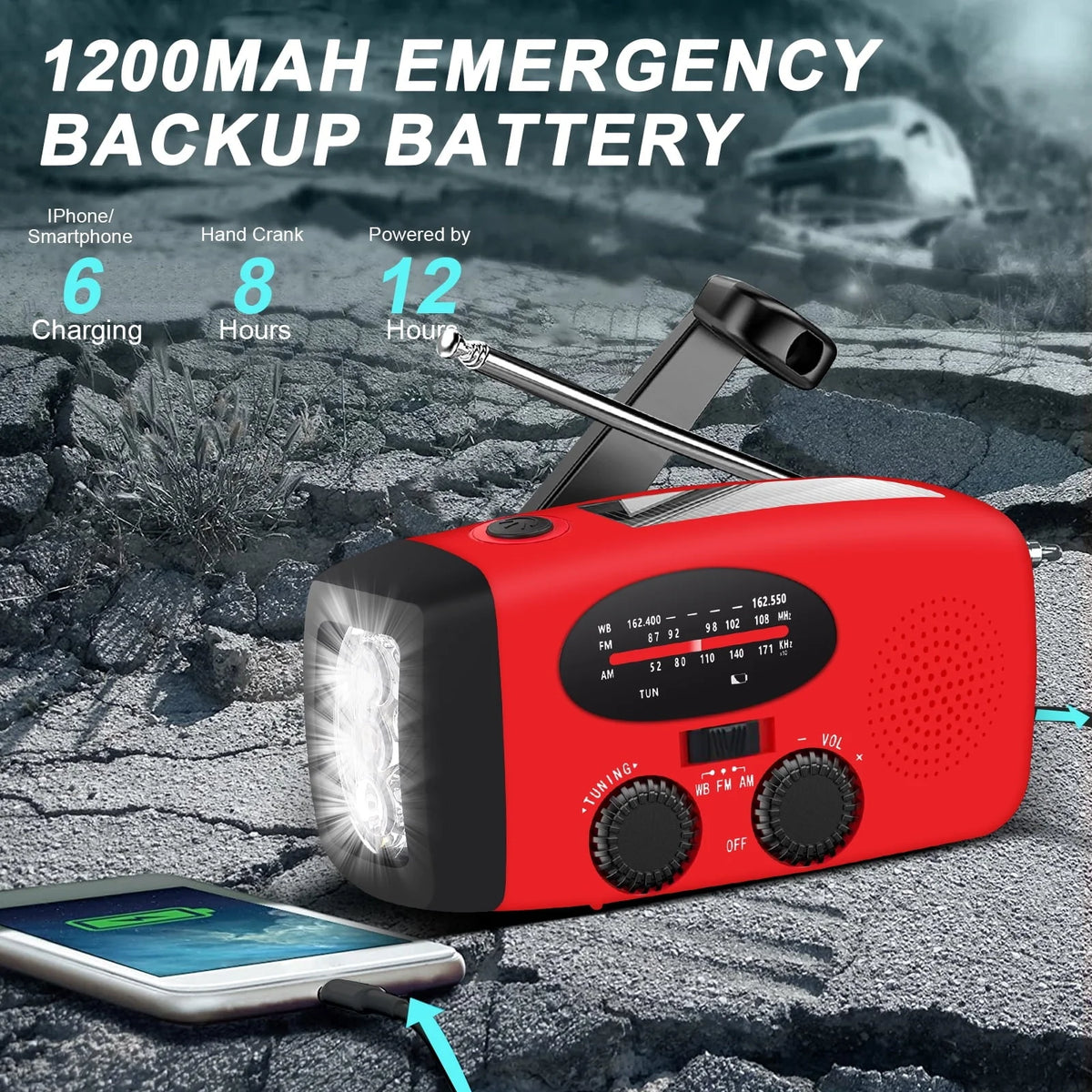 TSV Emergency Radio, Solar Hand Crank Self-Powered Weather Radio with 1200mAh Rechargeable Battery, Bright LED Flashlight, for Household Emergency, Outdoor Survival