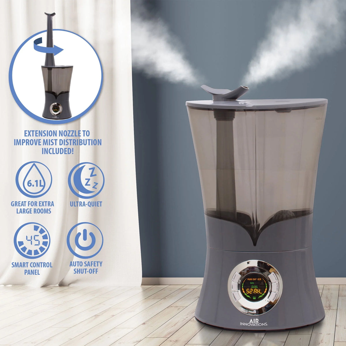 Air Innovations 700sq ft Ultrasonic Cool Mist Top Fill Humidifier, Platinum