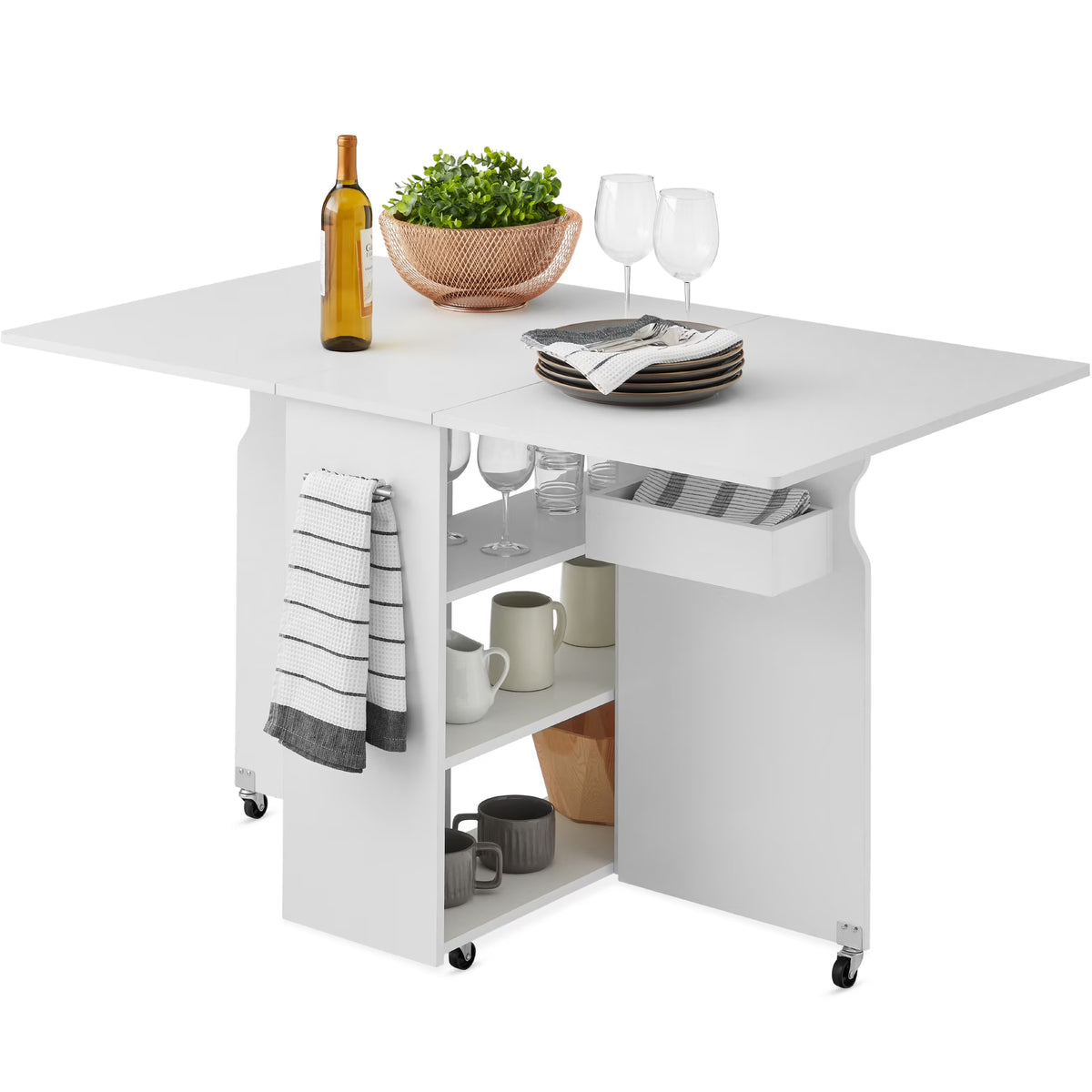 Best Choice Products Multipurpose Folding Table w/ Wheels, 3 Storage Shelves, Cubby, Handle - Brown