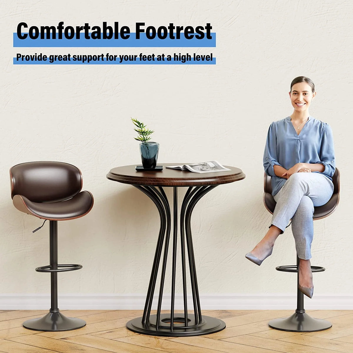 Aowos Bar Stools Adjustable Swivel Barstools Counter Stools with Back Sets of 2, Mid-Century Modern PU Leather Upholstered Counter Height Barstools, Kitchen Island Bar Chairs, Brown