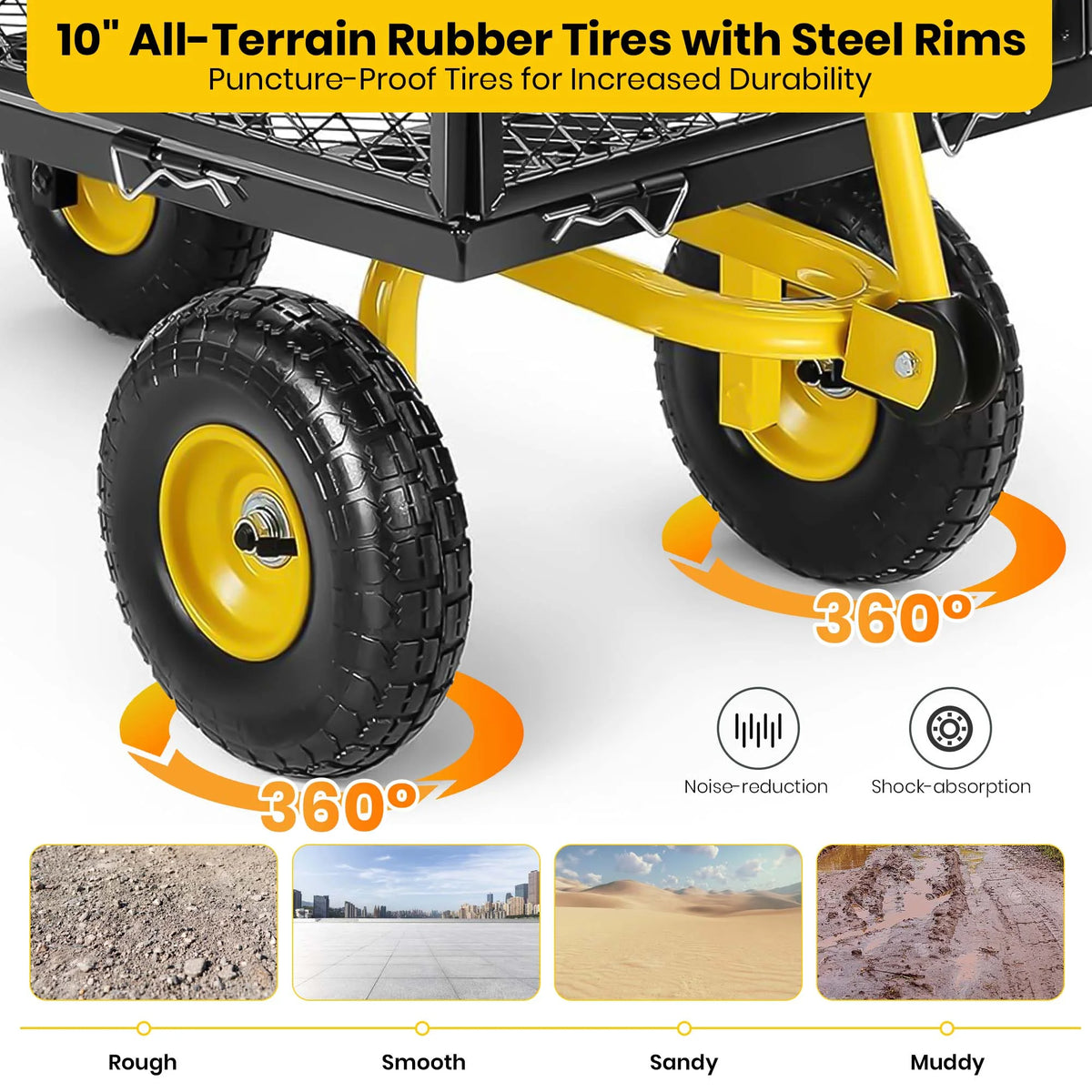 GVDV Heavy Duty Steel Garden Cart with Liner, 660lbs Capacity, 3 Cu ft, 10" All-Terrain Wheels, Black/Yellow �C Durable Utility Cart for Yard Work, Hauling, and Outdoor Use