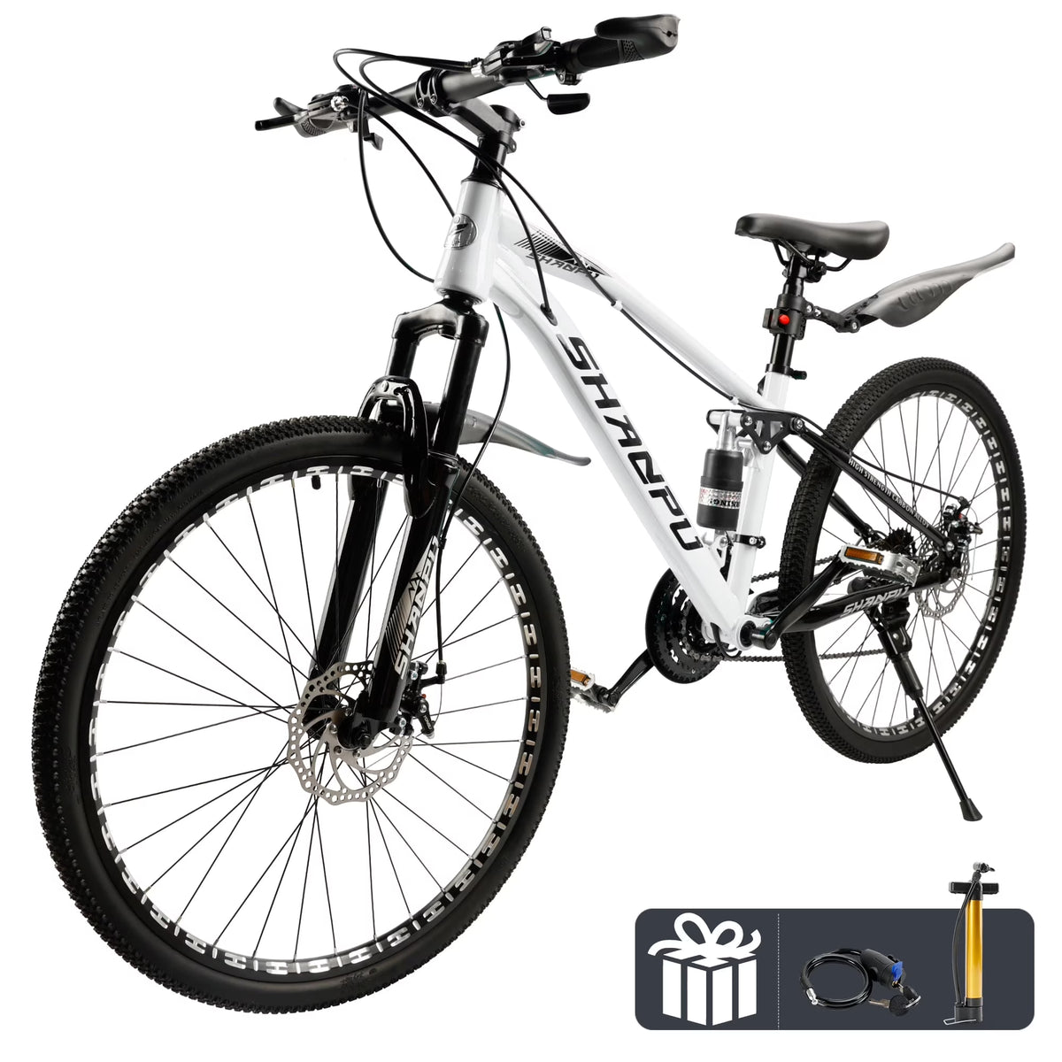 ARTUDATECH 26 Inch Wheel Full Suspension Mens Mountain Bike, Shimano 21 Speed,  Dual Disc Brake Bike for Men Womens Adult Bicycle With Bike Lock And Air Pump, orange