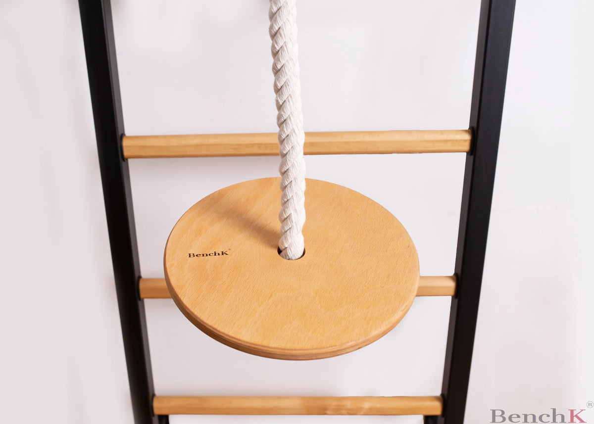 BenchK 211 Black + A076 Wall bars with adjustable beech wood pull-up bar and gymnastic accessories