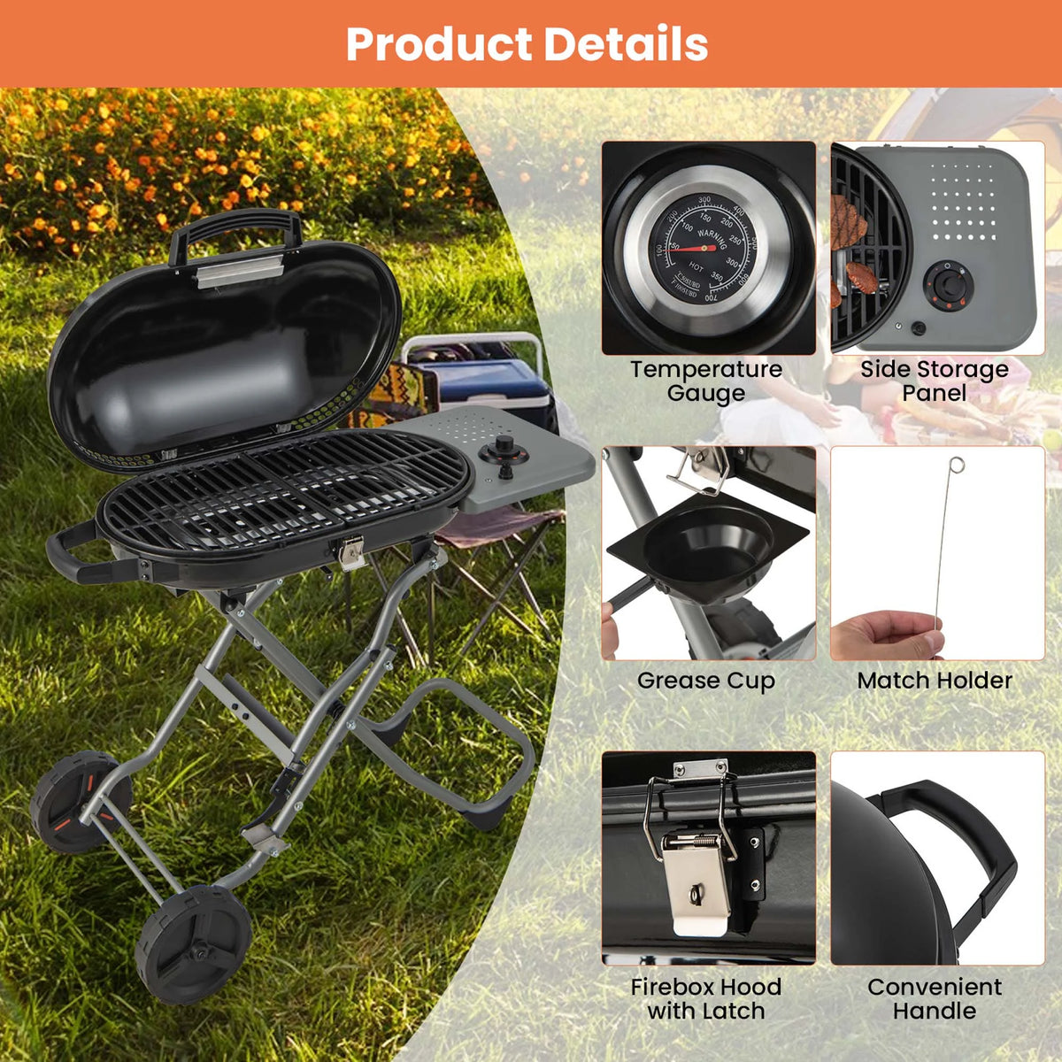 Costway Portable Propane Grill Folding Gas Grill Griddle with Wheels & Side Shelf