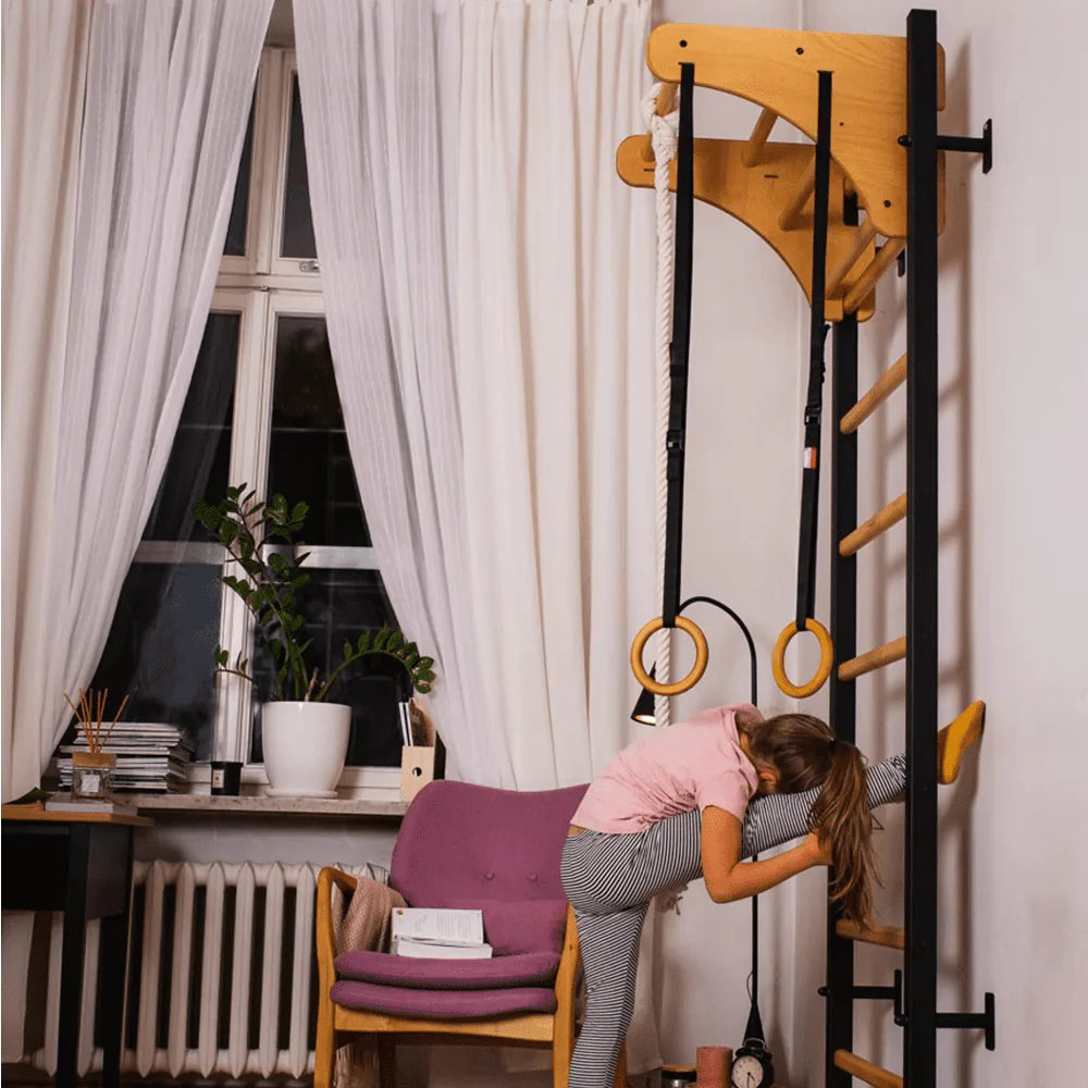 BenchK 211 Black + A076 Wall bars with adjustable beech wood pull-up bar and gymnastic accessories