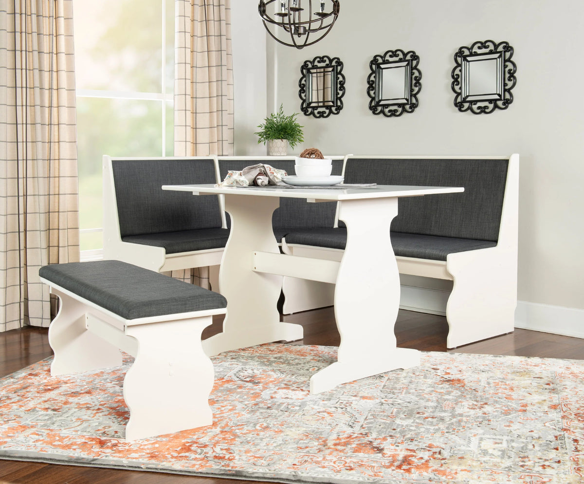 Linon Weston Corner Dining Breakfast Nook with Table and Bench, Seats 5-6, White Finish with Charcoal Fabric
