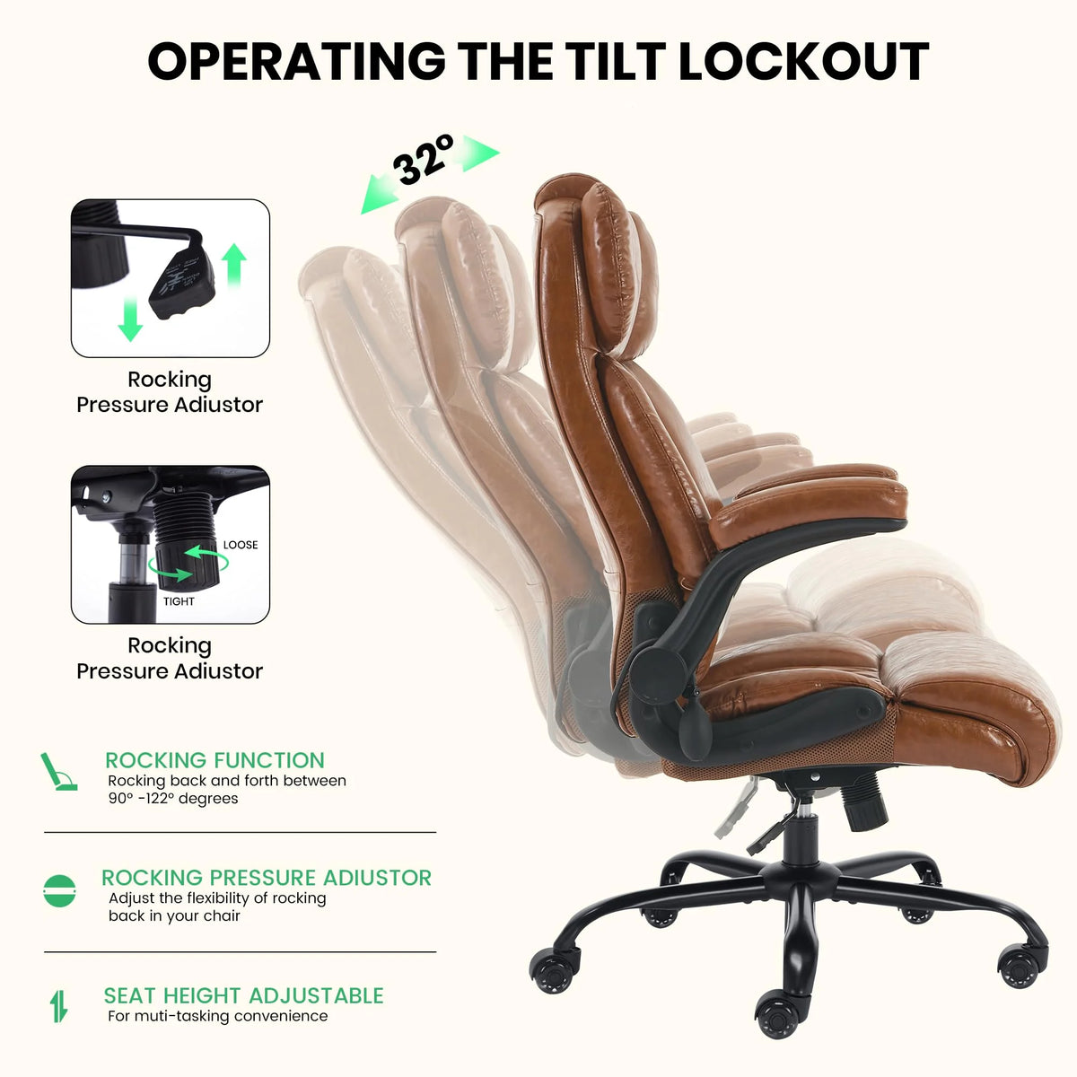 Ninecer 500lbs Big and Tall Office Chair with Inflatable Lumbar Support, Ergonomic Executive Desk Chair with Extra Wide Seat, Adjustable Height Computer Chair, Heavy Duty Leather Office Chair, Black