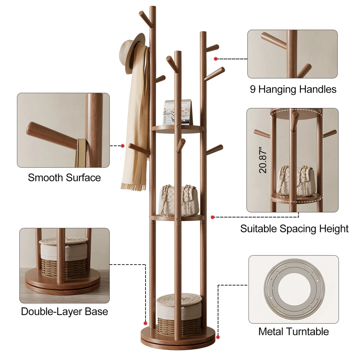 KASLANDI Solid Wood Rotary Coat Rack with 3 Shelves & 9 Hooks, Freestanding Hall Tree Stand, Coat Tree for Entryway, Living Room, Walnut, Easy Assembly