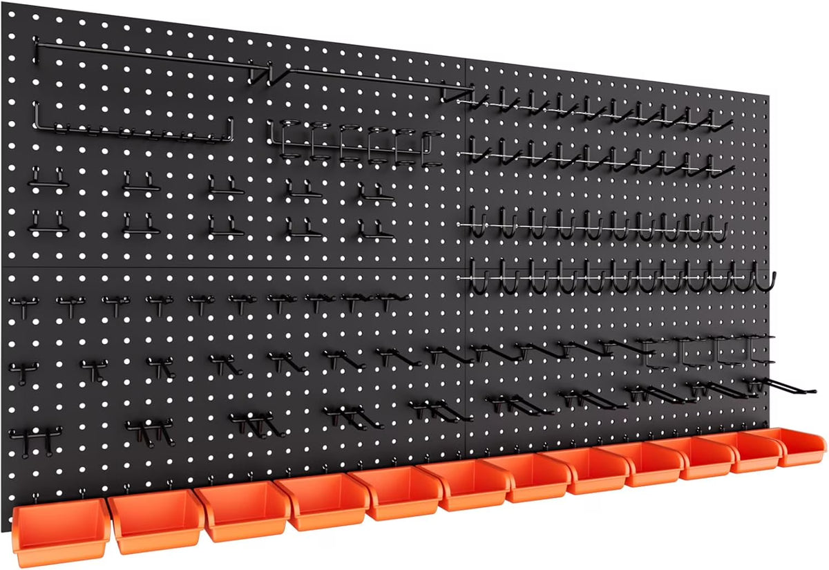 48x24 Inch Metal Peg Board Kit with 1/4" Pegboard Hooks Accessories, 160PCS Black Pegboard Wall Organizer Pegboard Panels Tool Organizer Storage System for Garage Workbench Shed