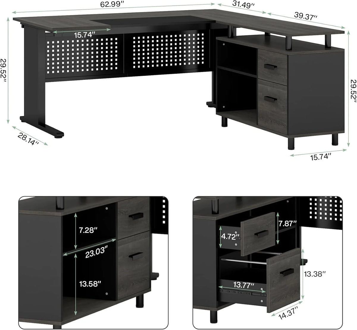 Tribesigns 63 Inch Executive Desk with File Cabinet, Large Office Desk L Shaped Computer Desk with Drawers and Storage Shelves, Business Furniture Desk Workstation for Home Office, Brown and Black