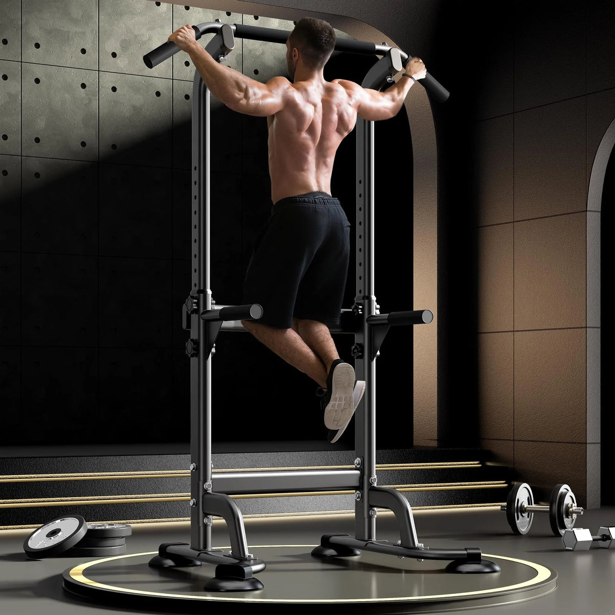 Wellynap Power Tower Pull up Bar, Strength Training Workout Equipment with Adjustable Height High Stability - Black