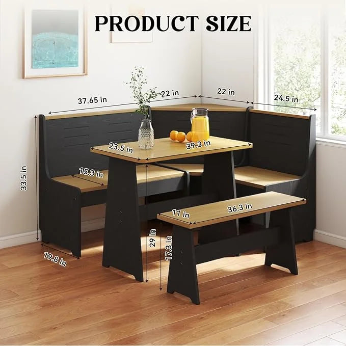 Breakfast Nook Kitchen Corner Dining Table Bench Chair Set, Space-Saving 3-4 Seat L-Shape Farmhouse Mid Century Modern Style for Family Home Black Wood
